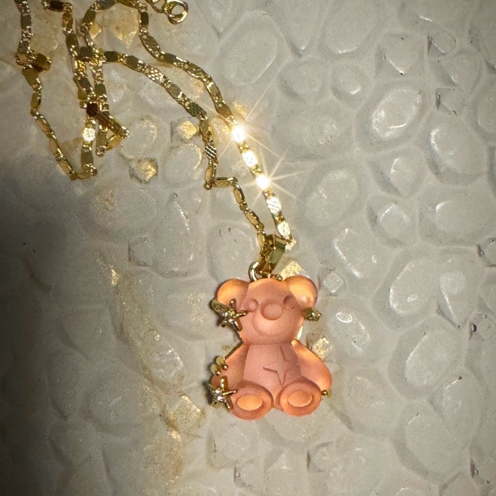 Gold and Pink Bear Pendant Necklace